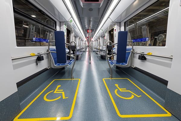 Interior of CAF 5000 train showing wider spaces for wheelchairs